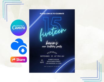 Invitation d'anniversaire numérique néon bleu, invitation électronique 15e anniversaire, Evite de fête d'anniversaire d'adolescent, modèle de toile d'anniversaire de tout âge