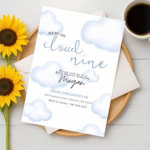 Editable On Cloud 9 Baby Shower Invitation, Blue Cloud Nine Baby Shower Invite, Boy We&#39;re on Cloud Nine Shower Invitation