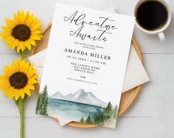 Adventure Awaits Baby Shower Invitation, Mountain Baby Shower Invitation Template, Forest Baby Shower Invite Printable, Lake Invite