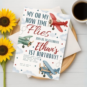 Time Flies 1st Birthday Invitation Template, Airplane 1st Birthday Invitation, Boy Airplane Party Invite, Kid Birthday Invite
