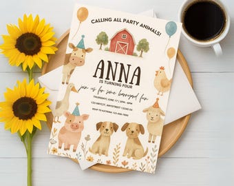 Editable Farm Birthday Invitation, Cute Farm Animals Party Invite, Barnyard Party Invite, Instant Download, Printable template