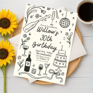 Modèle d'invitation de fête d'anniversaire, invitation de fête d'anniversaire dessinée à la main, anniversaire unique, dîner, 30e anniversaire, 40e anniversaire, gâteau