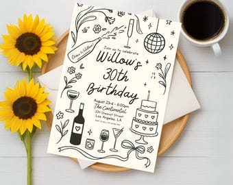 Birthday Party Invitation Template, Hand Drawn Birthday Party Invite, Unique Birthday, Dinner Party, 30th Birthday, 40th Birthday, Cake