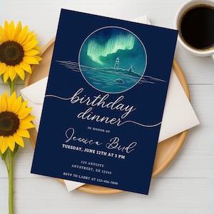 Invito di compleanno Aurora Borealis / Invito personalizzato Nordic Seaside / Modello modificabile di aurora boreale scandinava / Download immediato