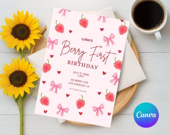 Berry First Birthday Invitation, Berry 1st Birthday Invitation, Bow Berry First Birthday Invite, Editable