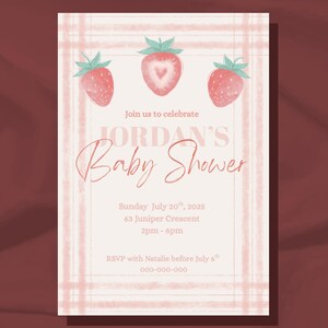 Babypartyeinladungsvorlage - Aquarell Rosa Erdbeere - Einladungskarte Canva Vorlage - Anpassbarer Digitaler Download