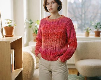 Lizsport Cable Knit Sweater Womens Small Pink Red Ombre Linen Blend Vintage