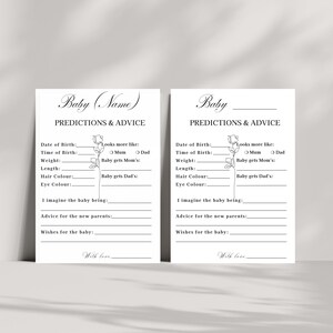 May include: Two white baby shower prediction and advice cards. The cards have the words "Baby (Name)" and "Baby" at the top, with prompts for predictions about the baby's birth, appearance, and advice for the parents.