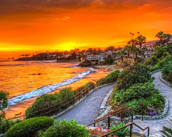 Red and Orange Sunset at Heisler Park, Laguna Beach, California - 12X18 inch print