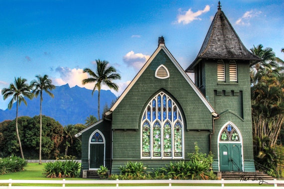 Color Print of Wai'oli Hui'ia church of Hanalei, Kauai just after sunset