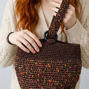 Handmade Crochet brown and multi  colored ribbon  Tweed mini bucket bag. The Willow bag