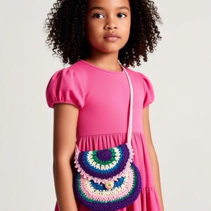 Handmade Crochet Girls Crossbody Purse, Multicolor Nylon Cord, Flap Button Closure
