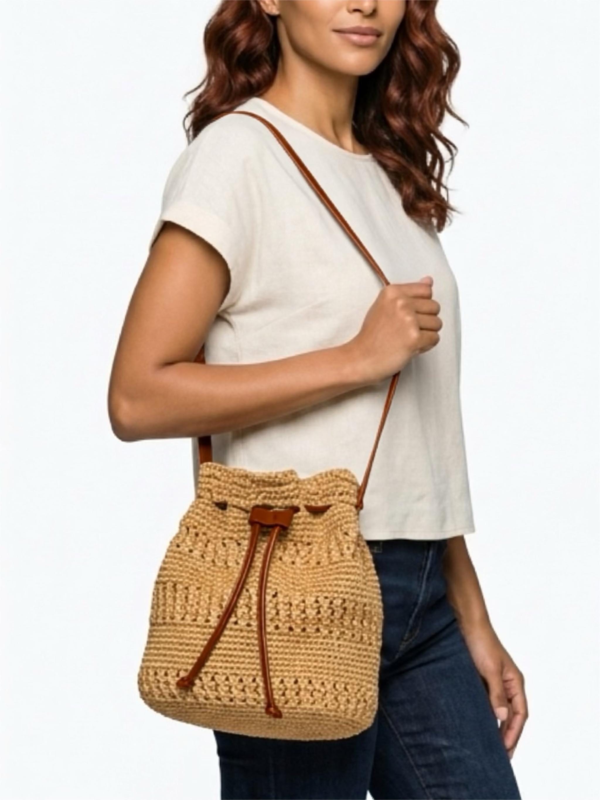 Vintage Boho Crochet Bucket Bag with Tan Leather Trim best-crochet-bag-patterns main image 3