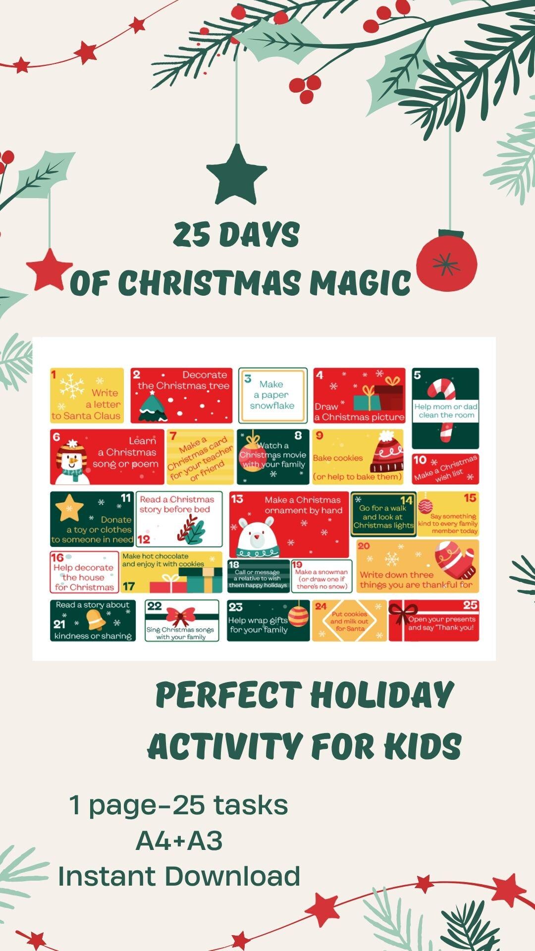 Printable Advent Calendar for Kids / 25 Christmas Countdown Tasks / Fun ...