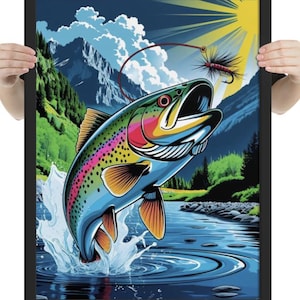 Framed Poster -  Pop art style design of a rainbow trout, vibrant and detailed, leaping - Fly Fishing Inspired Image