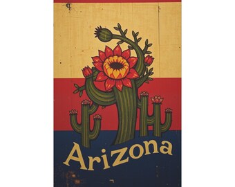 Toile d'art, cactus du désert de l'Arizona, couleurs du drapeau Saguaro, décoration murale d'inspiration fantaisiste, cactus en fleurs amusants à l'intérieur, maison du sud-ouest