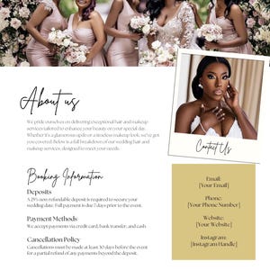 May include: A promotional image for a wedding hair and makeup service. The image features a group of women in formal dresses holding bouquets, with a close-up of a woman's face. Text includes "About Us", "Booking Information", and contact details.