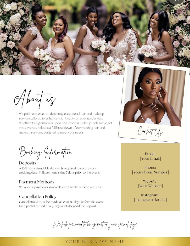 May include: A promotional image for a wedding hair and makeup service. The image features a group of women in formal dresses holding bouquets, with a close-up of a woman's face. Text includes "About Us", "Booking Information", and contact details.