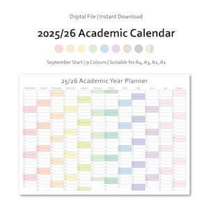 Op de afbeelding: Een digitale academische jaarplanner voor 2025/26 met een kleurrijke maandindeling. De kalender begint in september, biedt 9 kleuropties en is geschikt voor A4, A3, A2 en A1 formaten.