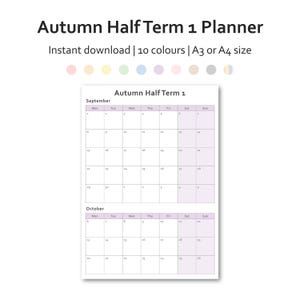 Autumn Half Term 1 Planner 2025 | A0-A5 Printable Planner for Families and Teachers | Kids School Schedule | 10 Colours | Instant Download