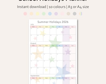 Schulsommer-Ferienkalender 2026 UK | A0-A5 druckbare Familienplaner | Stundenplan für Kinder | Niedliches, farbenfrohes Design Sofort Download