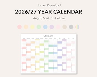 Wandkalender academisch jaar 2026-2027: start augustus minimalistische afdrukbare planner voor school (digitale download)