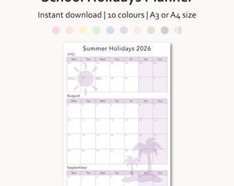 School Summer Holiday Calendar 2026 UK | A0-A5 Printable Family Planner | Kids Activity Schedule | Cute, Colourful Design | Instant Download