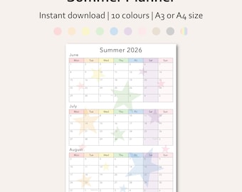 Zomervakantiekalender 2026 | Juni tot augustus | Afdrukbare gezinsplanner A0-A5 | Activiteitenschema voor kinderen | Direct downloaden