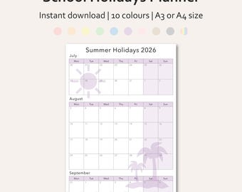 School Summer Holiday Calendar 2026 UK | A0-A5 Printable Family Planner | Kids Activity Schedule | Cute, Colourful Design | Instant Download