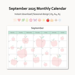September 2025 Monthly Calendar | A0-A5 Printable Planner | Sunday / Monday Start | Family Schedule | Instant Download