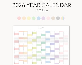 2026 Jahresplaner Wandkalender: Minimalistischer druckbarer Planer, A0-A4, digitaler Download