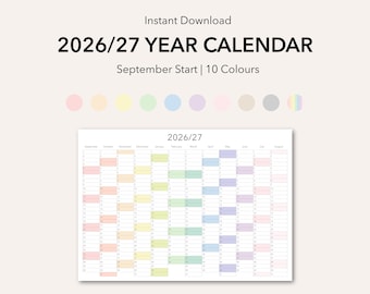 Calendario de pared del año académico 2026/27: Planificador imprimible minimalista para empezar el curso en septiembre (descarga digital)