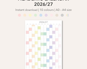 2026-27 Academic Year Wall Calendar: Minimalist Printable Planner for School (A4, A3, A2, A1 Digital Download)