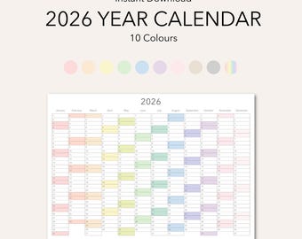 2026 Year Plan Wall Calendar: Minimalist Printable Planner, 10 Colours, A0-A4, Digital Download