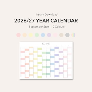 May include: A white 2026/27 year calendar with a rainbow colour scheme for each month. The calendar starts in September and is available in 10 colours. The words "Instant Download" are at the top.