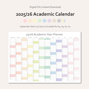 Calendario de pared del año académico 2025-26: Planificador minimalista imprimible para la escuela (descarga digital en formatos A4, A3, A2 y A1)
