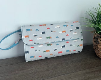 Diaper Clutch - changing pad - portable changing pad - travel diaper changing pad - trucks - diaper clutch for baby boy - blue and gray