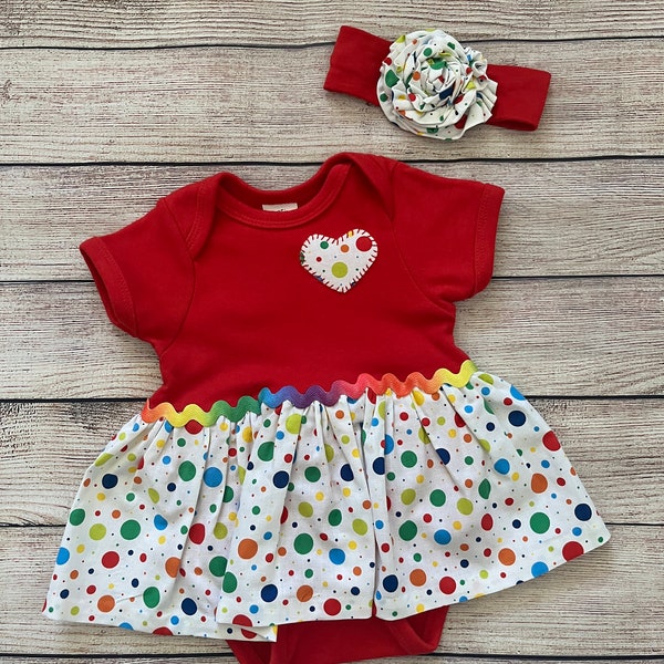 Combinaison bébé robe et bandeau - taille 0-3 mois - robe et bandeau - pois - couleurs arc-en-ciel