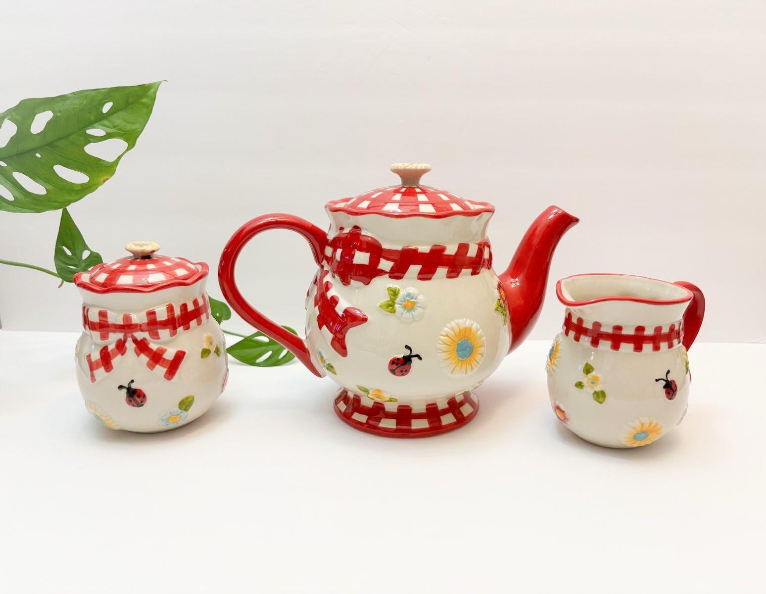 Cottage Red Gingham Ladybug Tea Set – Teapot, Sugar & Creamer. - Etsy
