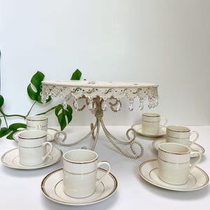 8&quot; Ivory Rustic Beaded Cake Stand with 6 Toscany Tea Cups & Saucers – Vintage Used Set