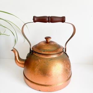 May include: A vintage copper kettle with a dark wooden handle and lid knob. The kettle has a curved spout and a metal handle. The copper has a warm, aged patina, suggesting it's an antique or a well-loved item.