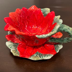 Poinsettia Christmas Teacup Set – Festive Red Flower Cup and saucer