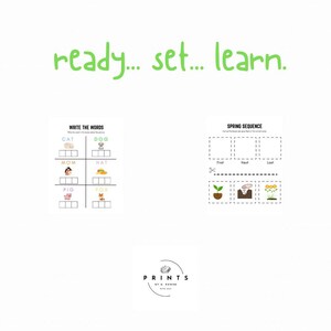 Pode incluir: Imprimíveis educativos brancos com o texto "ready... set... learn." incluem um exercício de escrita de palavras com ilustrações de gato, cão, mãe, chapéu, porco e raposa. Uma atividade de sequência da primavera também é mostrada.