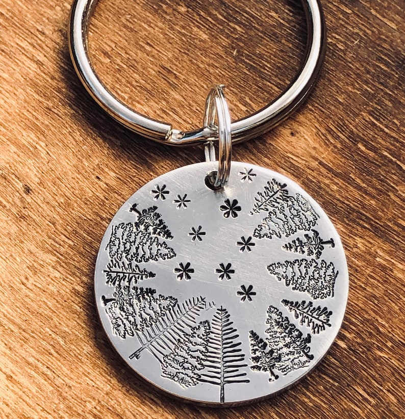 Starry NIGHT SKY Key Chain Hand Stamped With Brushed Aluminum Charm Handmade Trees Stars Evening Sky Gift For Man Boyfriend Husband Outdoors