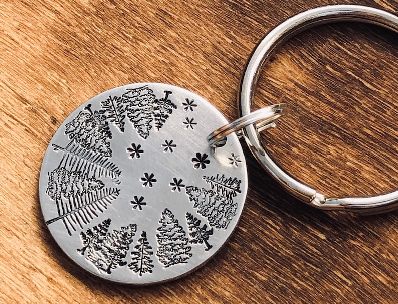 Starry NIGHT SKY Key Chain Hand Stamped With Brushed Aluminum Charm Handmade Trees Stars Evening Sky Gift For Man Boyfriend Husband Outdoors