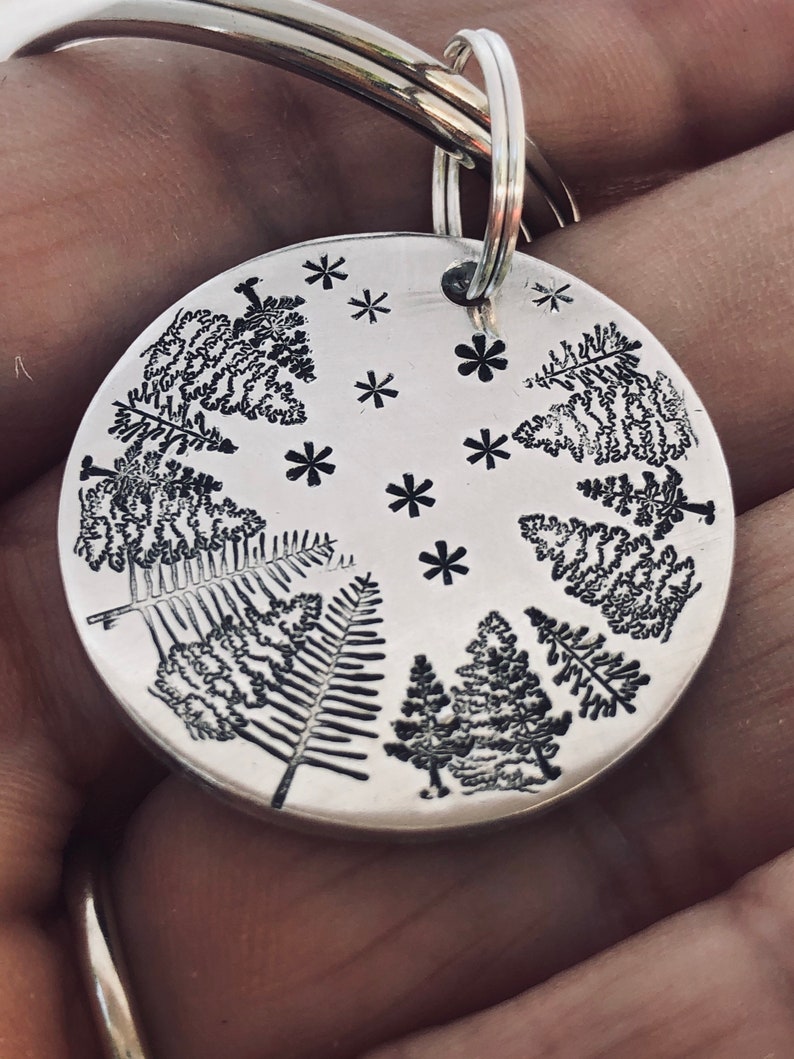Starry NIGHT SKY Key Chain Hand Stamped With Brushed Aluminum Charm Handmade Trees Stars Evening Sky Gift For Man Boyfriend Husband Outdoors