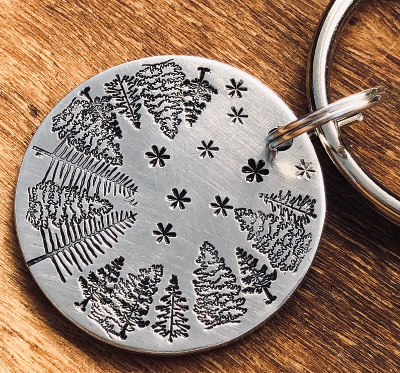 Starry NIGHT SKY Key Chain Hand Stamped With Brushed Aluminum Charm Handmade Trees Stars Evening Sky Gift For Man Boyfriend Husband Outdoors