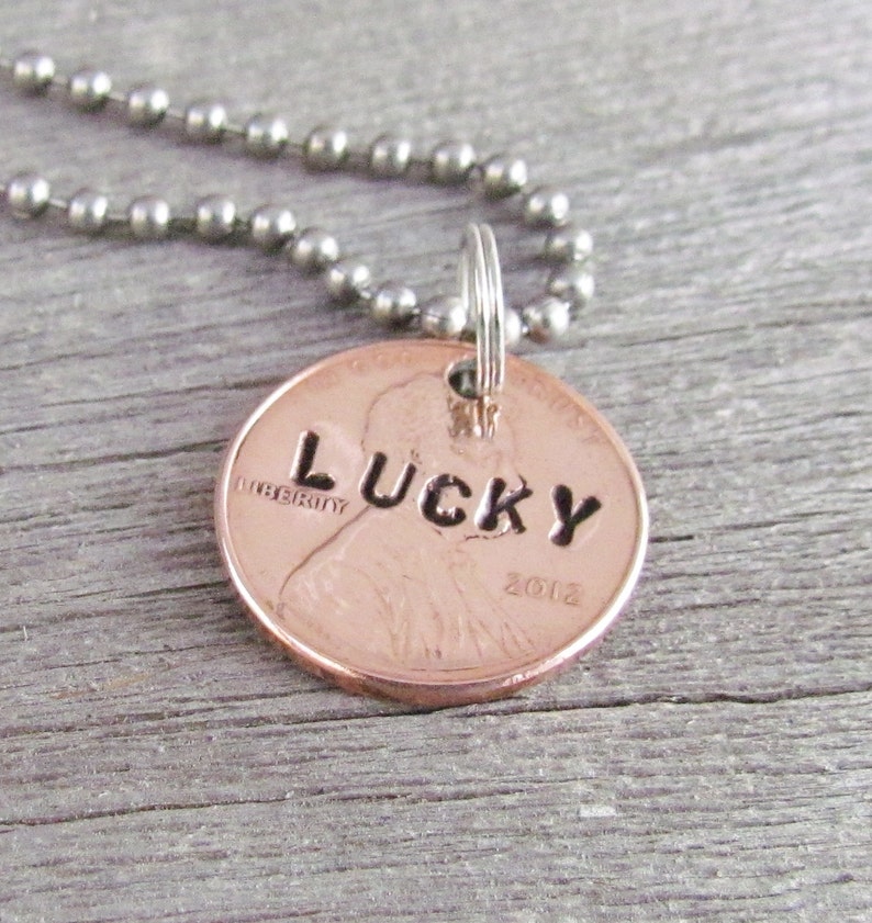 Necklace Custom Hand Stamped Jewelry 2019 Lucky Penny Charm Fun Good Luck Great Gift For A Man Can Be Personalized 7th Anniversary Gift