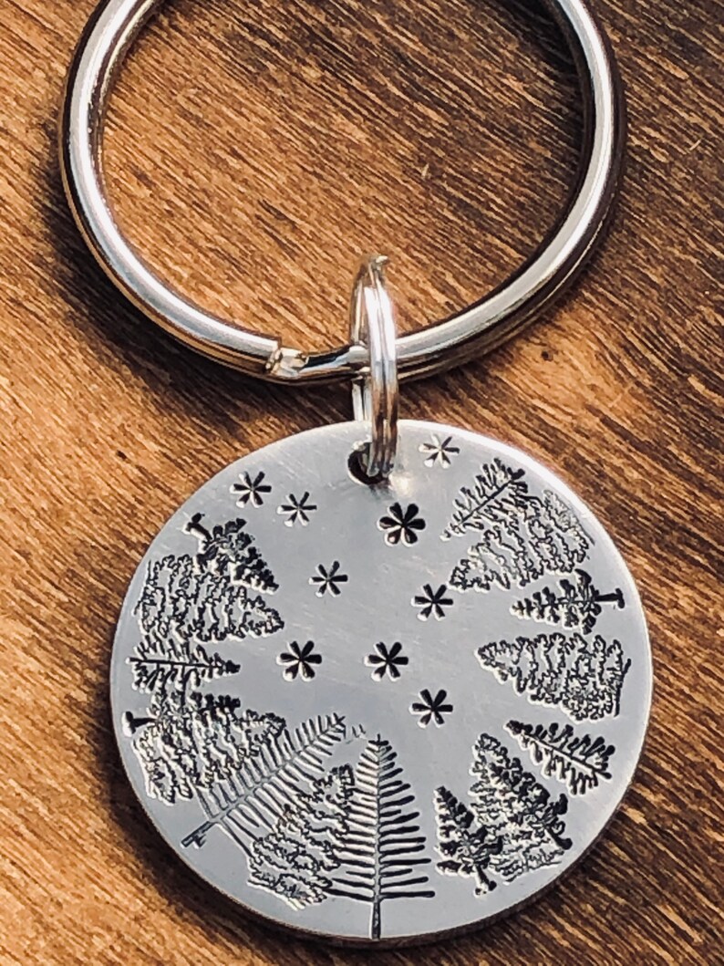 Starry NIGHT SKY Key Chain Hand Stamped With Brushed Aluminum Charm Handmade Trees Stars Evening Sky Gift For Man Boyfriend Husband Outdoors