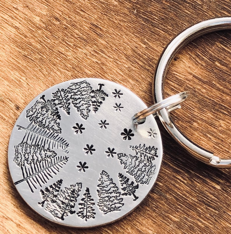 Starry NIGHT SKY Key Chain Hand Stamped With Brushed Aluminum Charm Handmade Trees Stars Evening Sky Gift For Man Boyfriend Husband Outdoors